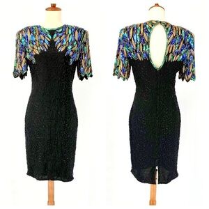 Vintage 80 Lawrence Kazan New York Beaded Black Silk Cocktail Peacock Dress mini